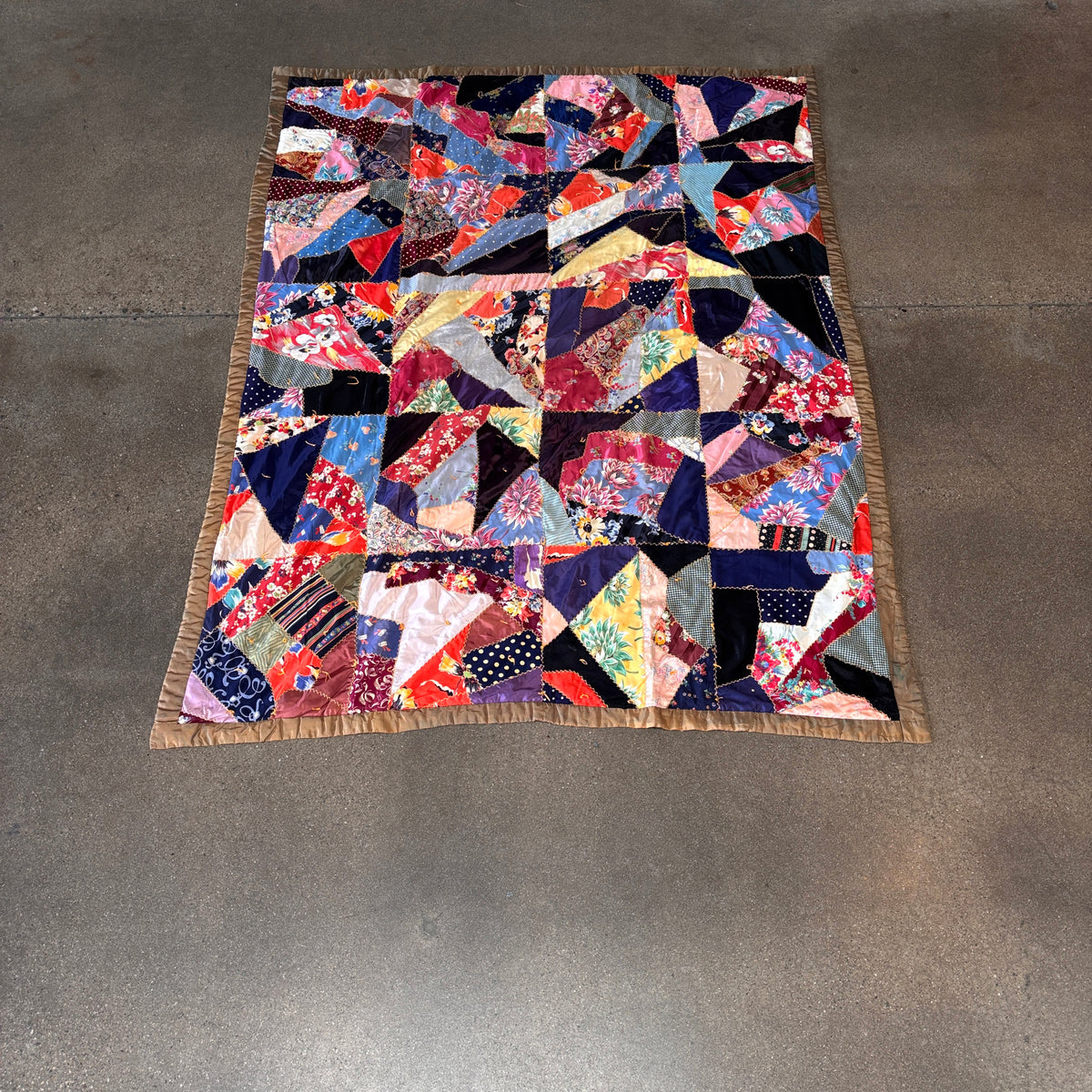 Vintage Handmade "Crazy" Quilt Made From Rayon Dresses