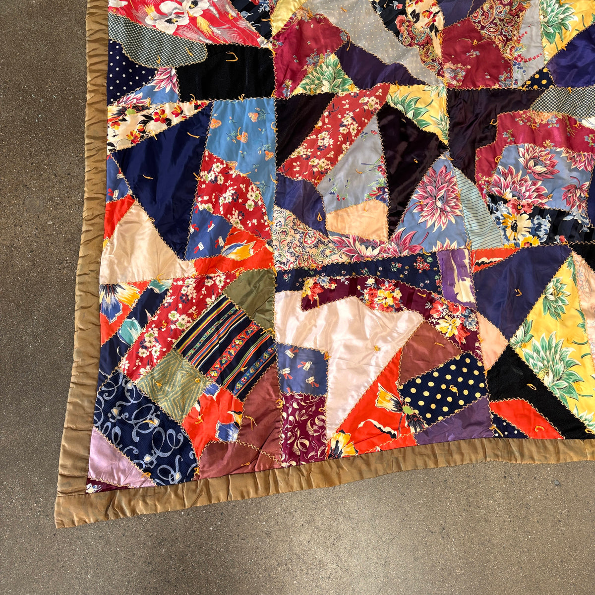 Vintage Handmade "Crazy" Quilt Made From Rayon Dresses