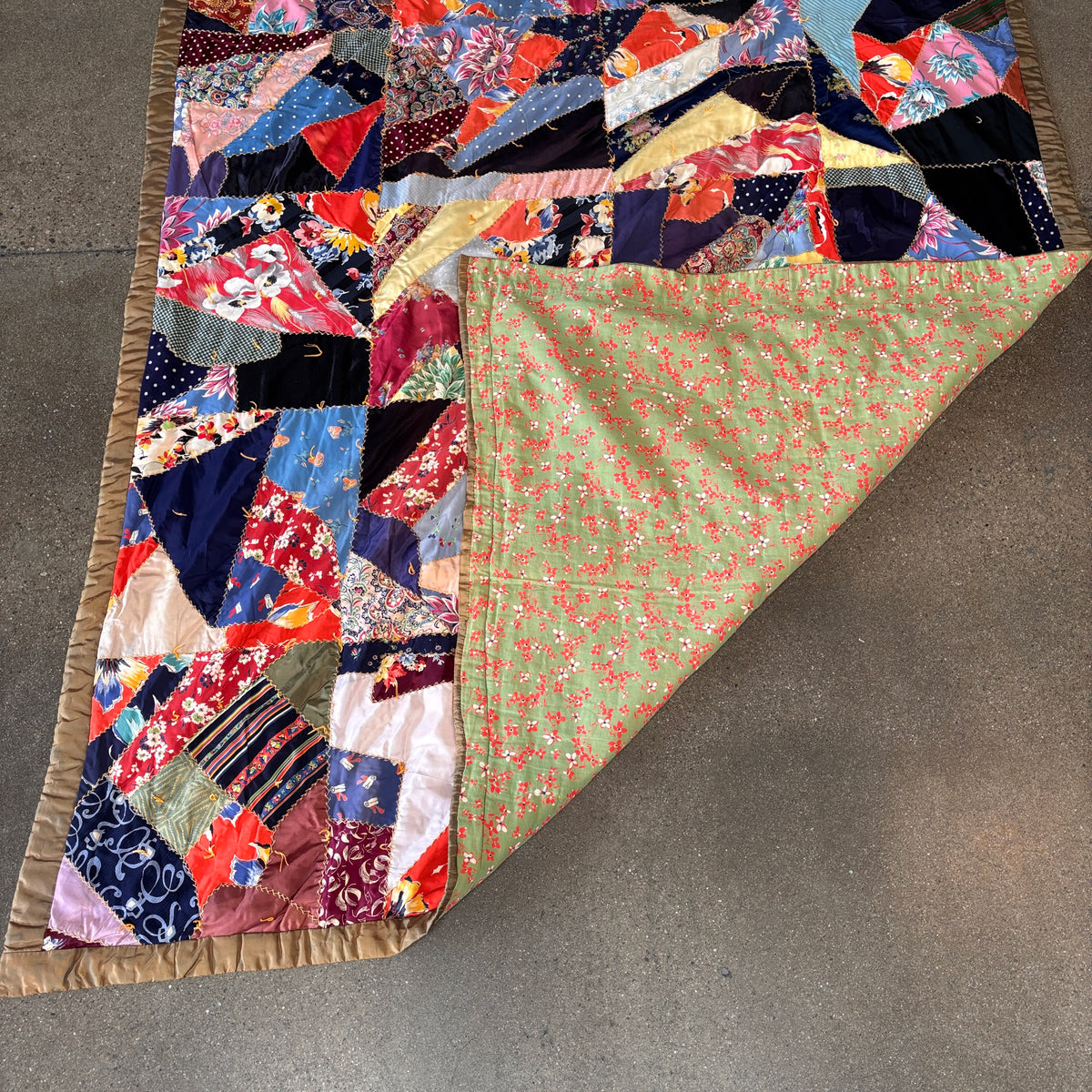 Vintage Handmade "Crazy" Quilt Made From Rayon Dresses