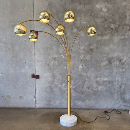 Vintage Italian Modern Brass Arc Floor Lamp - Six Lights w/ Dimmer