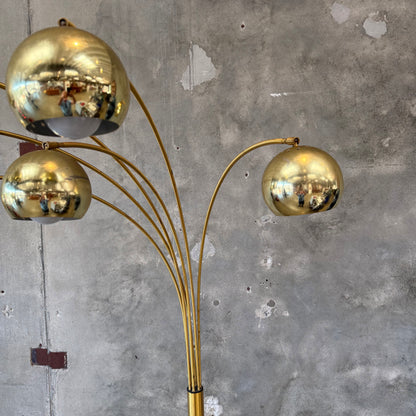 Vintage Italian Modern Brass Arc Floor Lamp - Six Lights w/ Dimmer