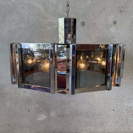 Mid Century Modern 1970s Chrome & Smoked Glass Chandelier