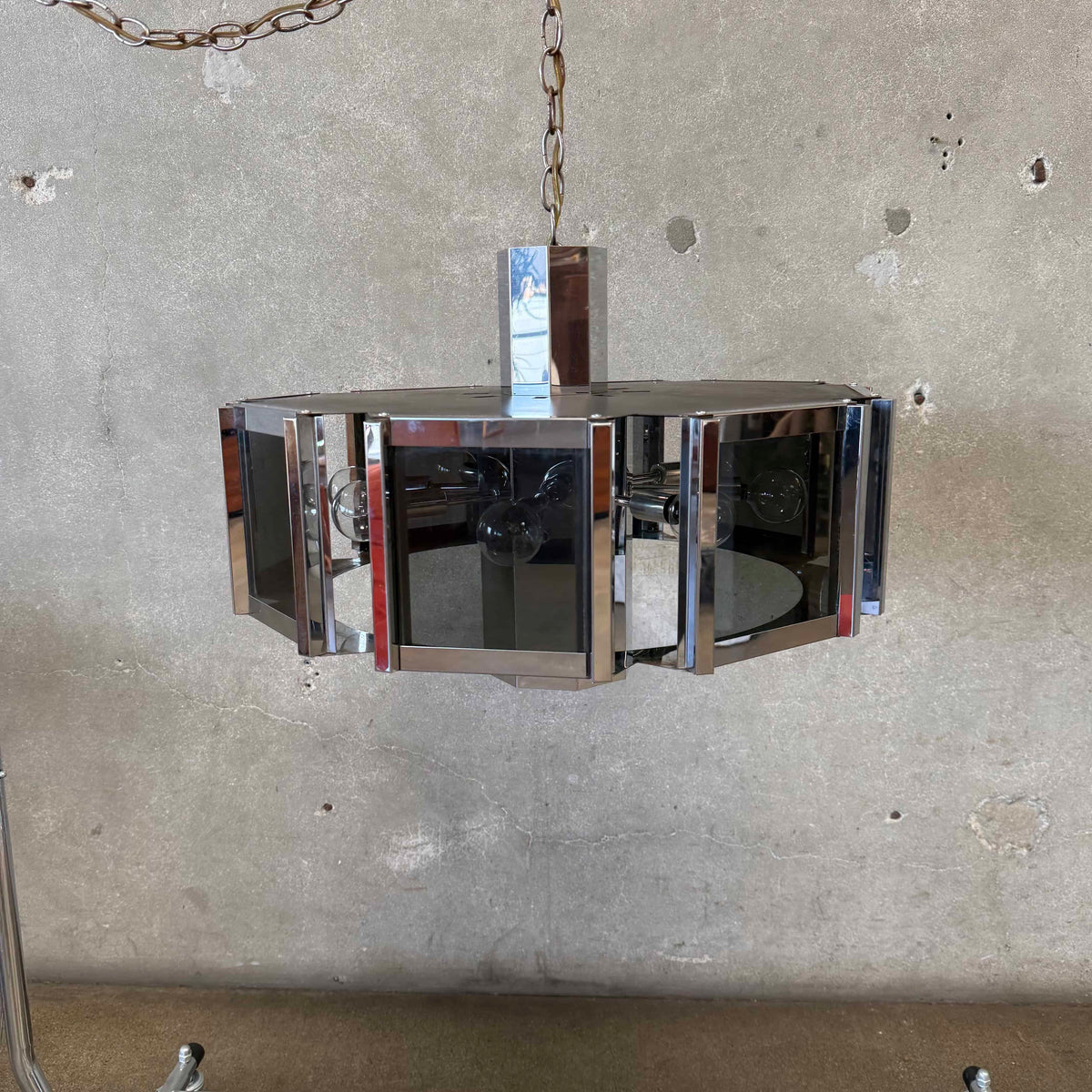 Mid Century Modern 1970s Chrome & Smoked Glass Chandelier