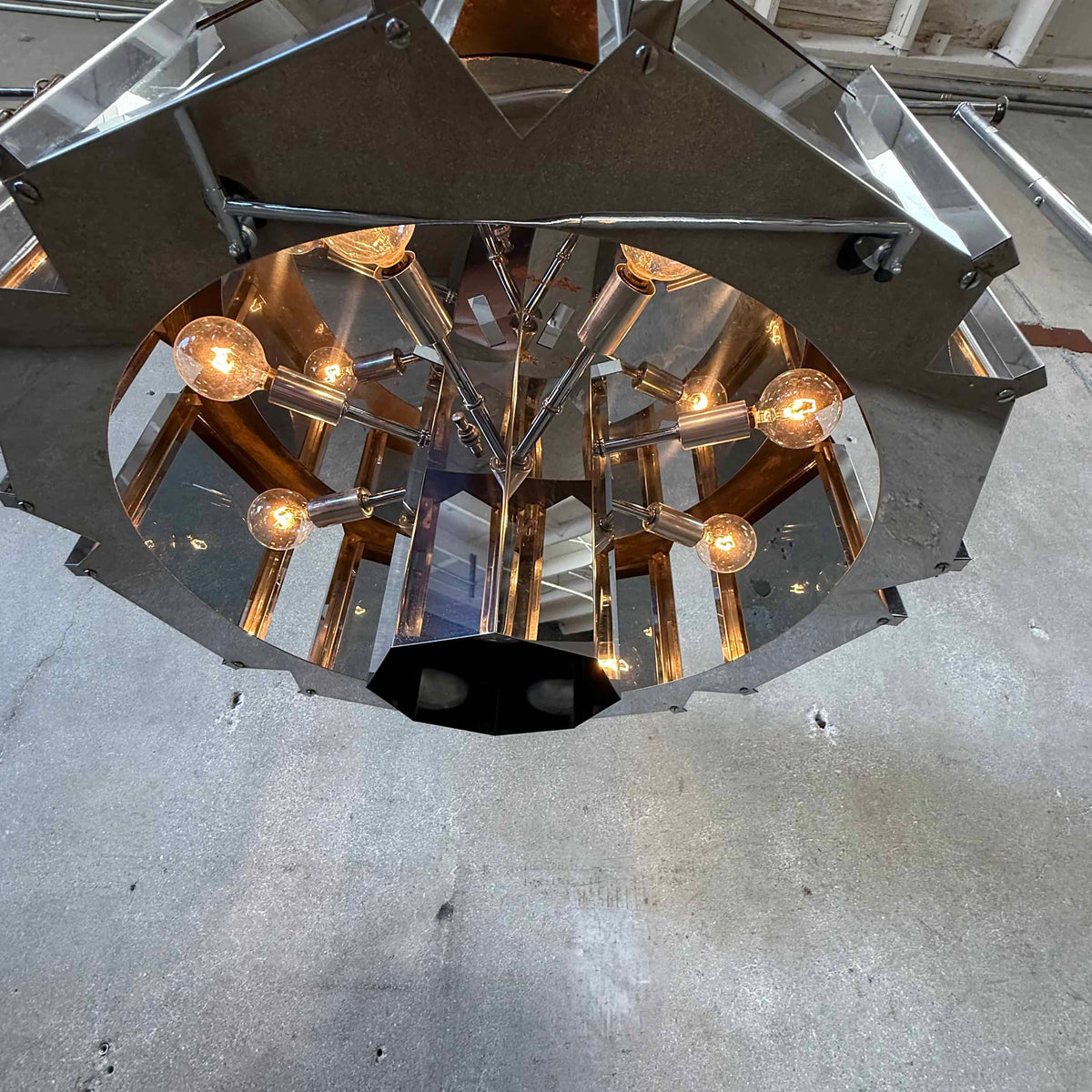 Mid Century Modern 1970s Chrome & Smoked Glass Chandelier
