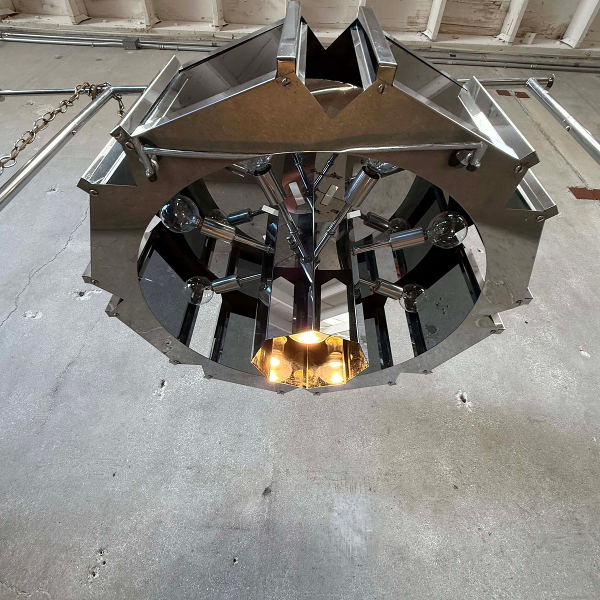 Mid Century Modern 1970s Chrome & Smoked Glass Chandelier