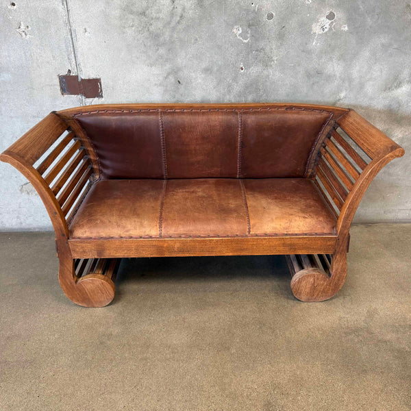 Indonesian Teak & Leather Love Seat