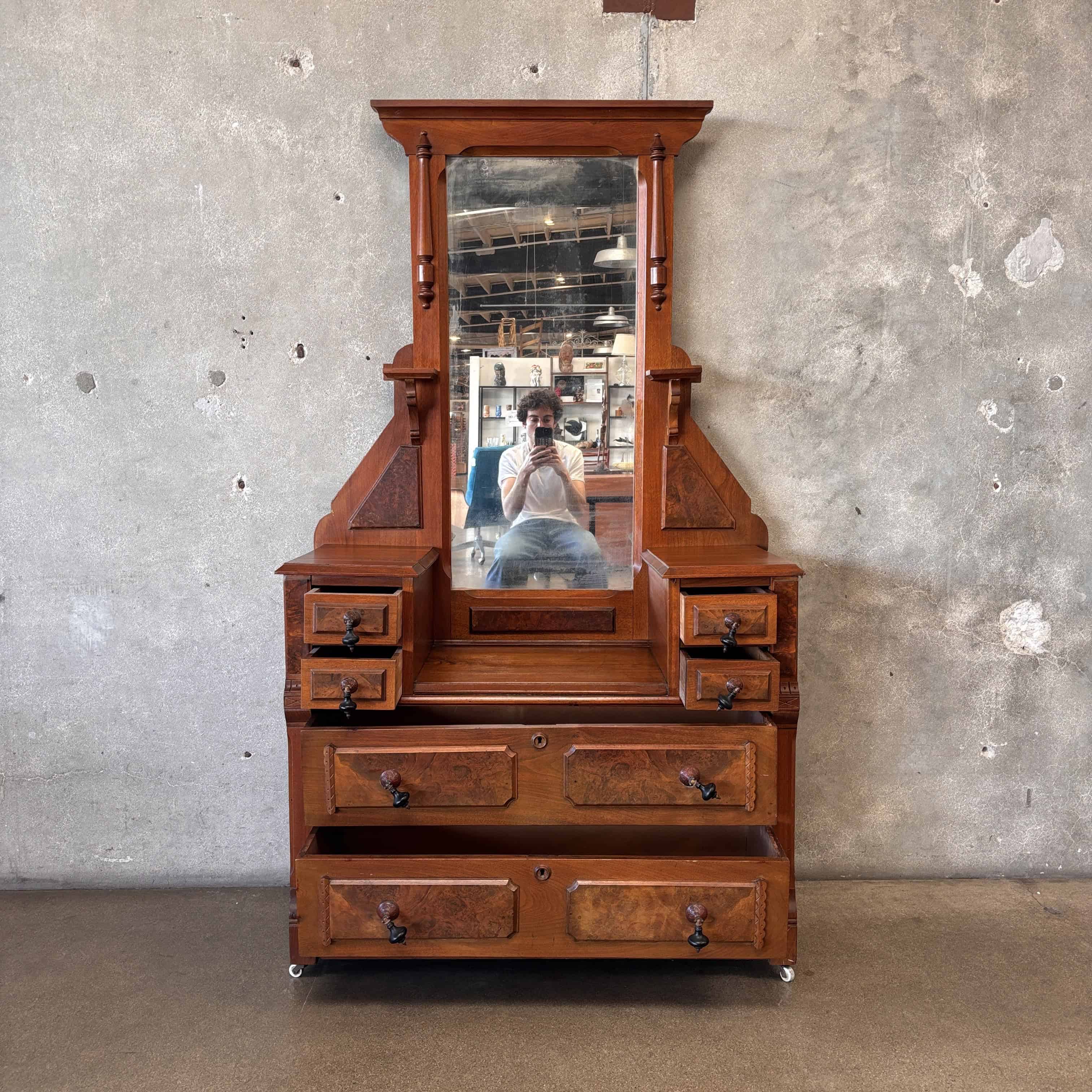 Late Victorian American Vanity Dresser With Mirror & Glass Roller Feet