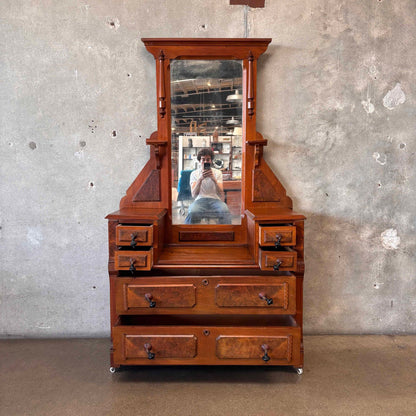Late Victorian American Vanity Dresser With Mirror & Glass Roller Feet