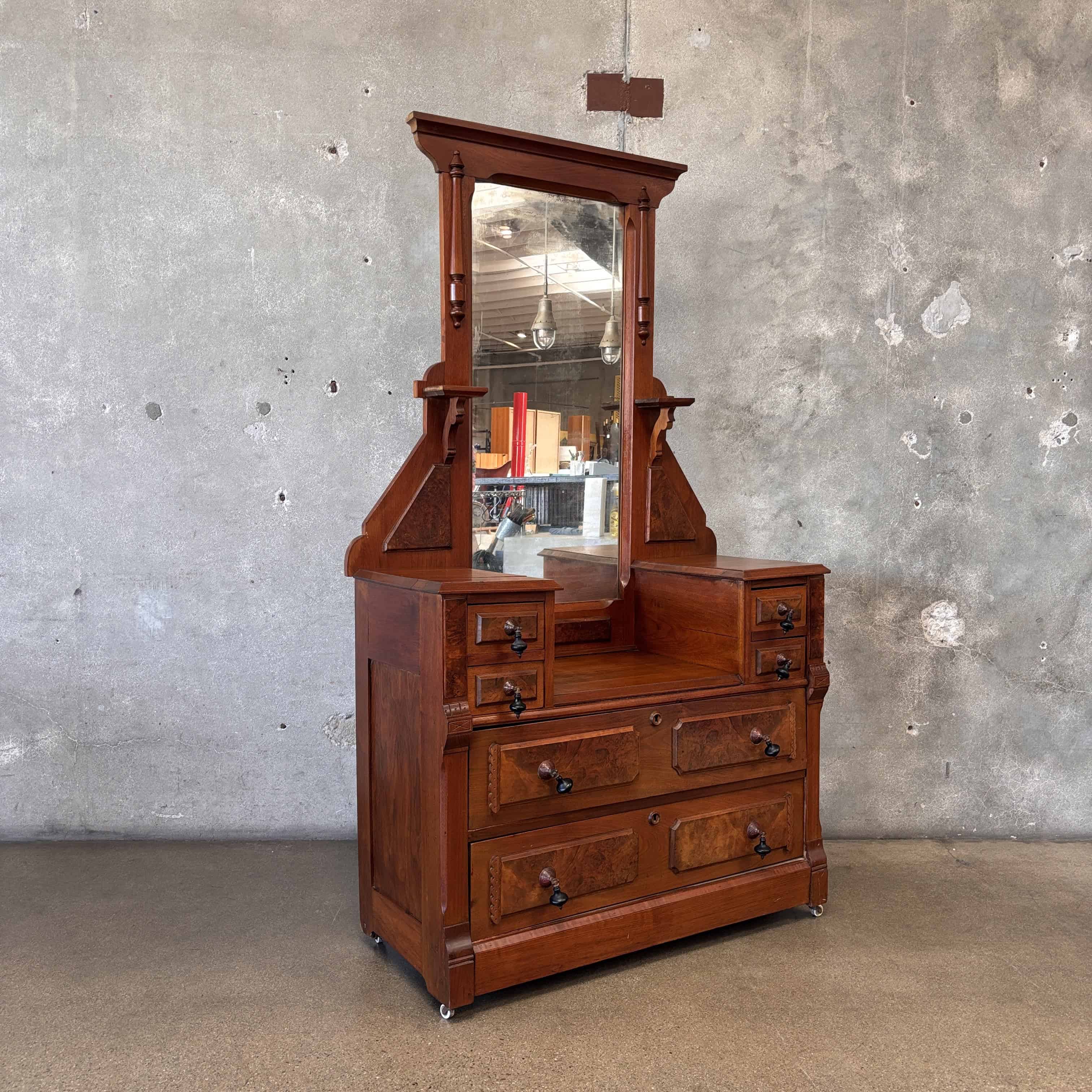 Late Victorian American Vanity Dresser With Mirror & Glass Roller Feet