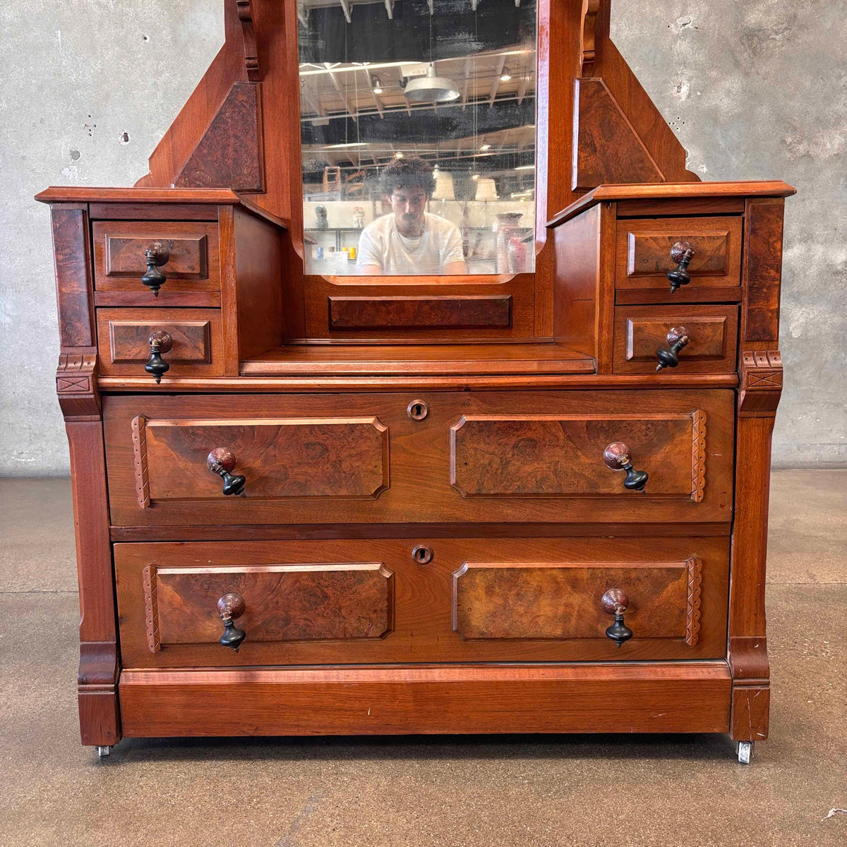 Late Victorian American Vanity Dresser With Mirror & Glass Roller Feet