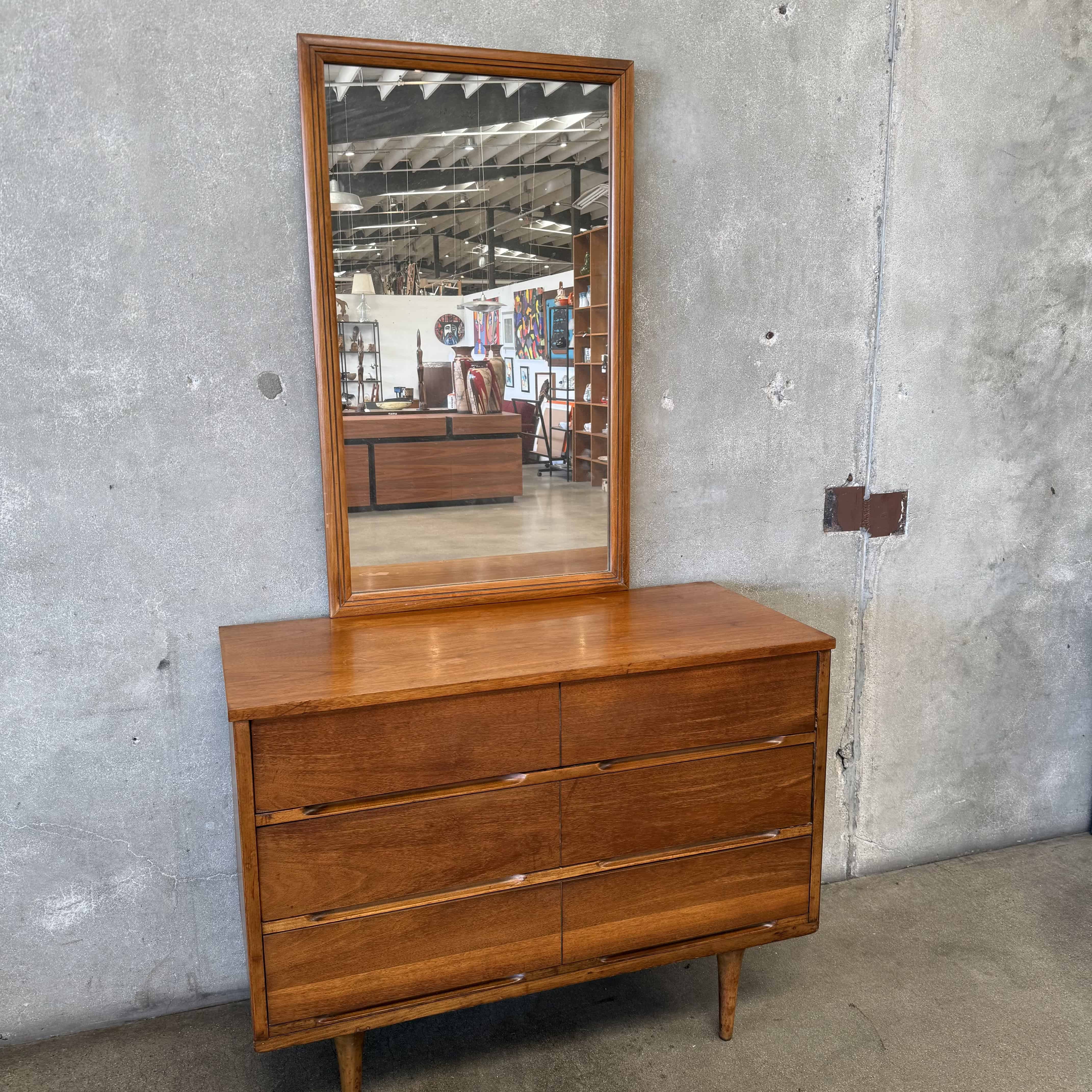 Mid Century Modern Three-Drawer Low Dresser w/ Original Mirror by Stan Mid Century Modern Three-Drawer Low Dresser w/ Original Mirror by Stan
