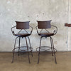Pair Vintage Wrought Iron & Wood Barstools
