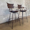 Pair Vintage Wrought Iron & Wood Barstools