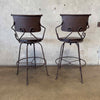 Pair Vintage Wrought Iron & Wood Barstools
