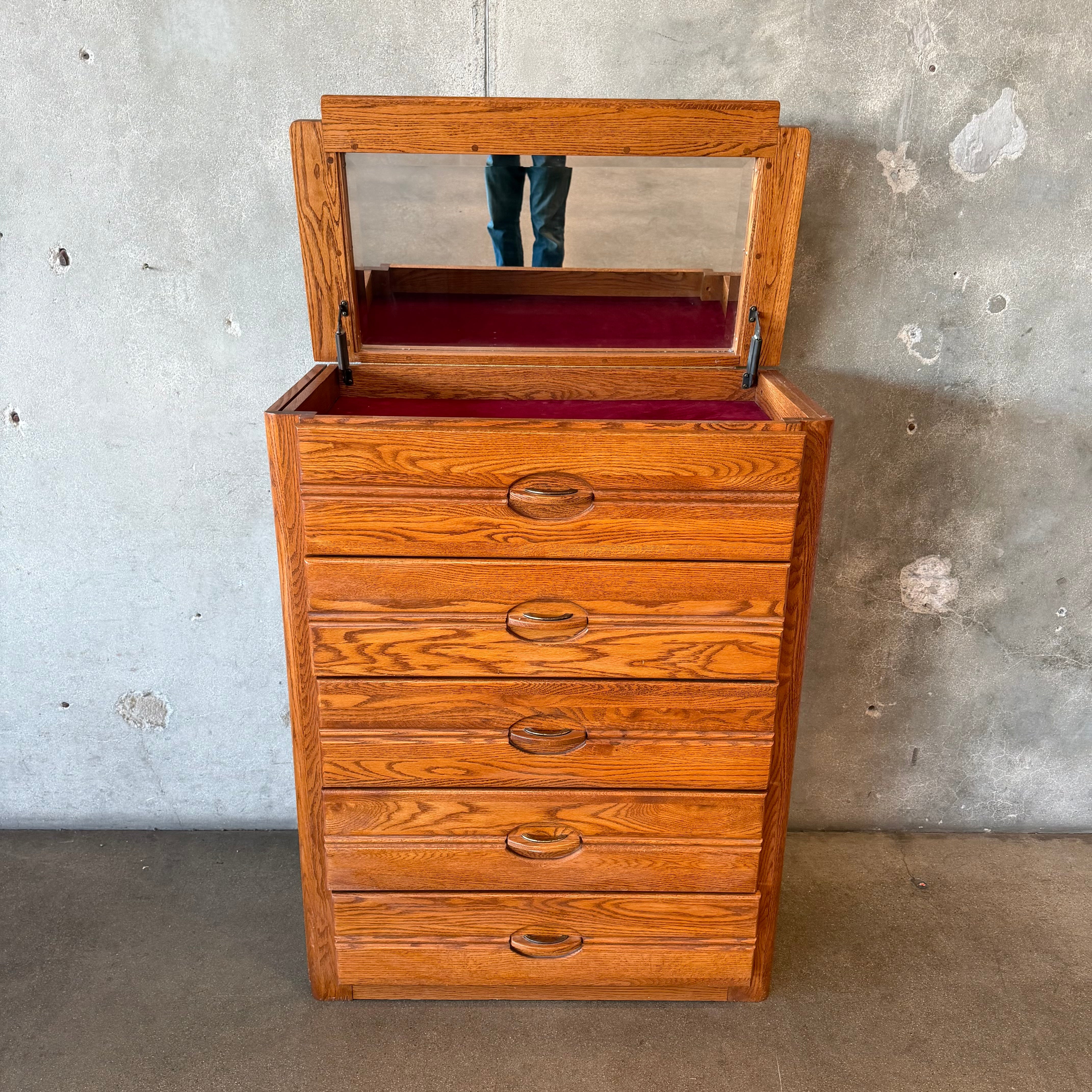 1970s Oak Tall Dresser w/ Fliptop Vanity 1970s Oak Tall Dresser w/ Fliptop Vanity