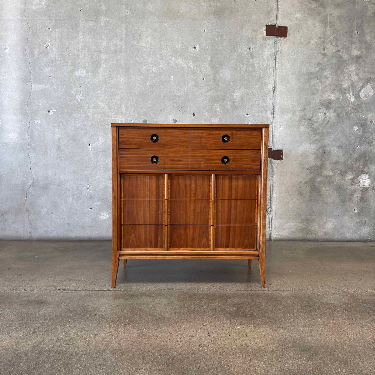 Mid Century Walnut & Brass Highboy Dresser By Stanley
