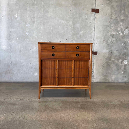 Mid Century Walnut & Brass Highboy Dresser By Stanley
