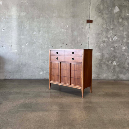 Mid Century Walnut & Brass Highboy Dresser By Stanley