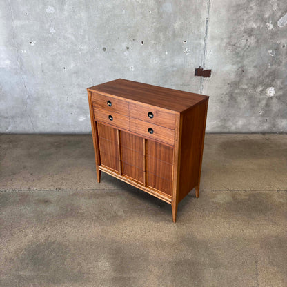 Mid Century Walnut & Brass Highboy Dresser By Stanley