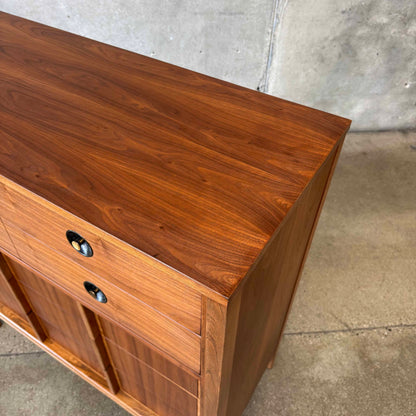 Mid Century Walnut & Brass Highboy Dresser By Stanley