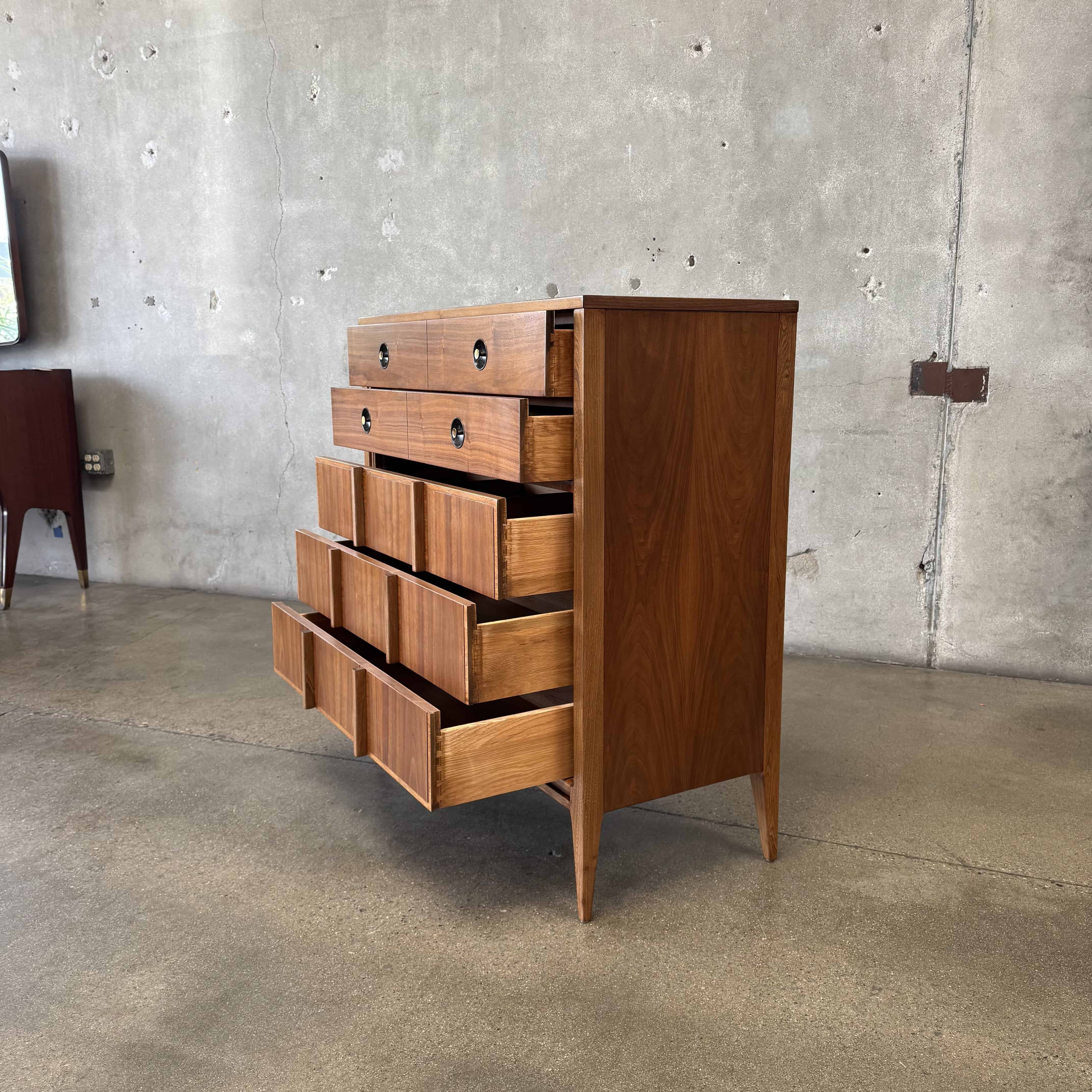 Mid Century Walnut & Brass Highboy Dresser By Stanley