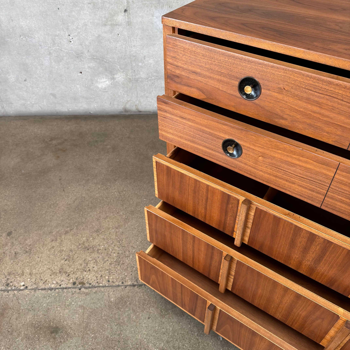 Mid Century Walnut & Brass Highboy Dresser By Stanley