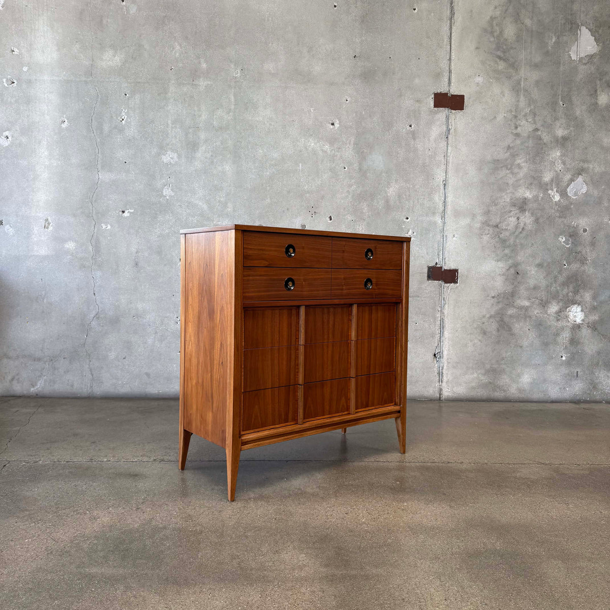 Mid Century Walnut & Brass Highboy Dresser By Stanley