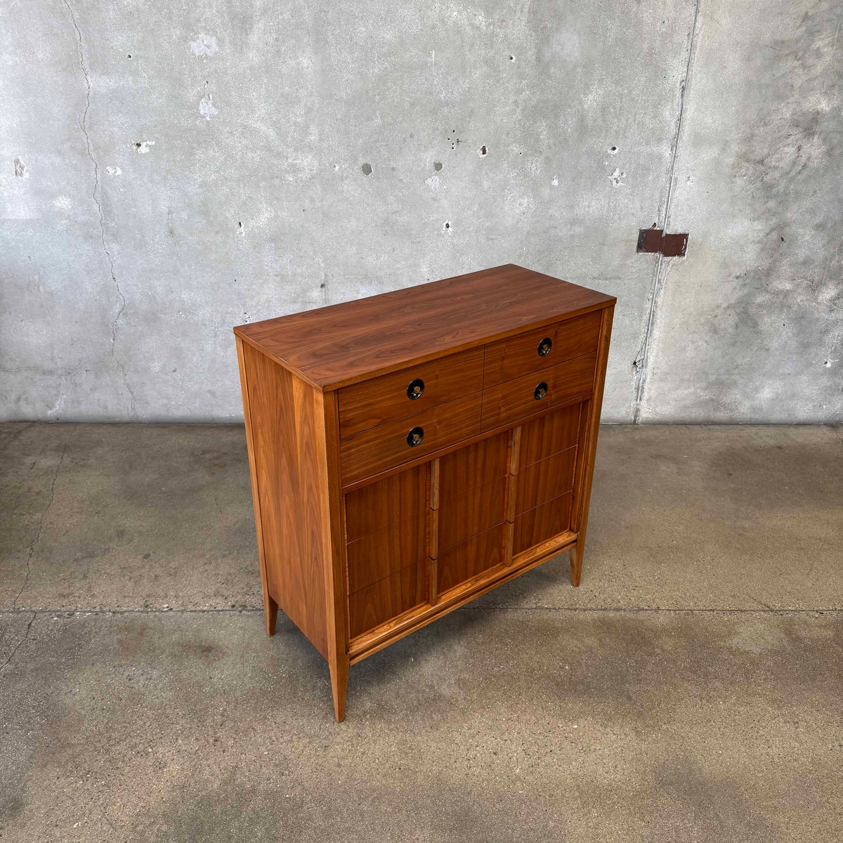 Mid Century Walnut & Brass Highboy Dresser By Stanley