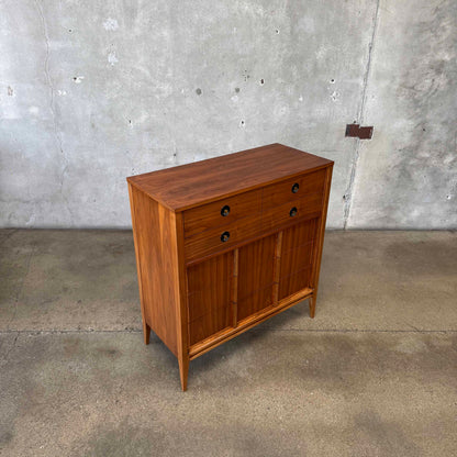 Mid Century Walnut & Brass Highboy Dresser By Stanley