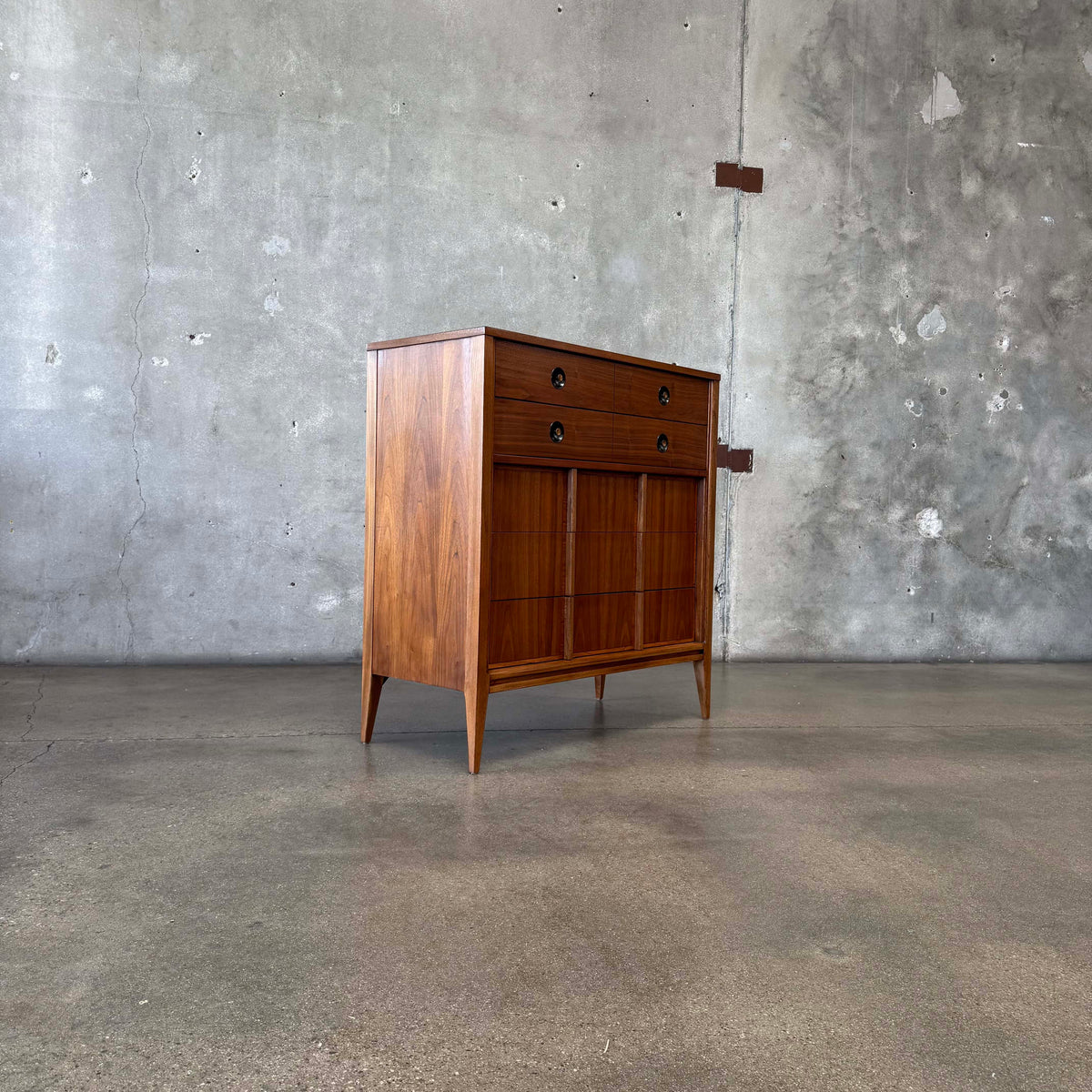 Mid Century Walnut & Brass Highboy Dresser By Stanley