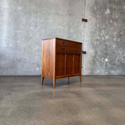 Mid Century Walnut & Brass Highboy Dresser By Stanley