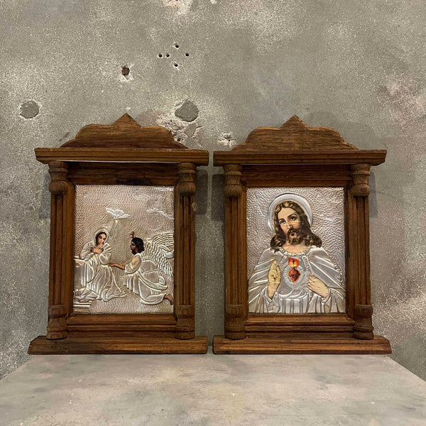 Pair of Vintage Rustic Wood Framed Embossed Aluminum Religious Art