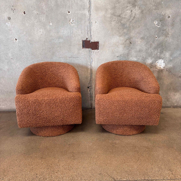 Pair of Brown Boucle Swivel Club Chairs