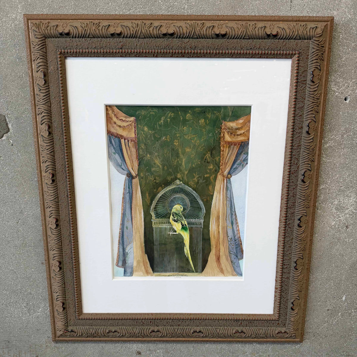 1990s Mixed Media Bird in Cage Signed Painting w/ Ornate Wood Frame