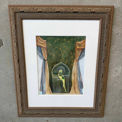 1990s Mixed Media Bird in Cage Signed Painting w/ Ornate Wood Frame