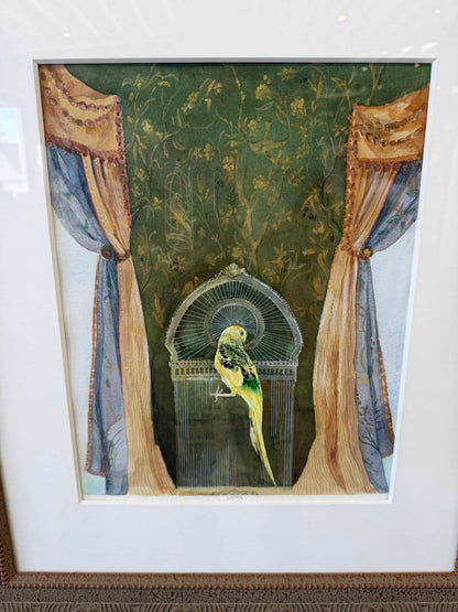 1990s Mixed Media Bird in Cage Signed Painting w/ Ornate Wood Frame