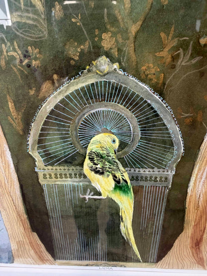 1990s Mixed Media Bird in Cage Signed Painting w/ Ornate Wood Frame