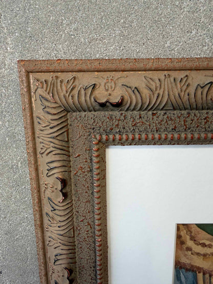 1990s Mixed Media Bird in Cage Signed Painting w/ Ornate Wood Frame