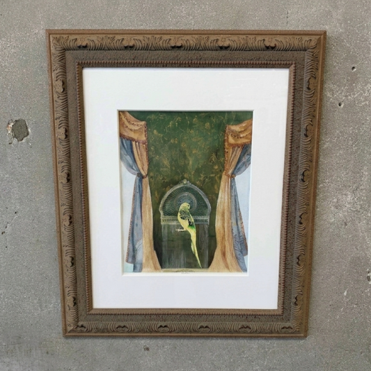 1990s Mixed Media Bird in Cage Signed Painting w/ Ornate Wood Frame
