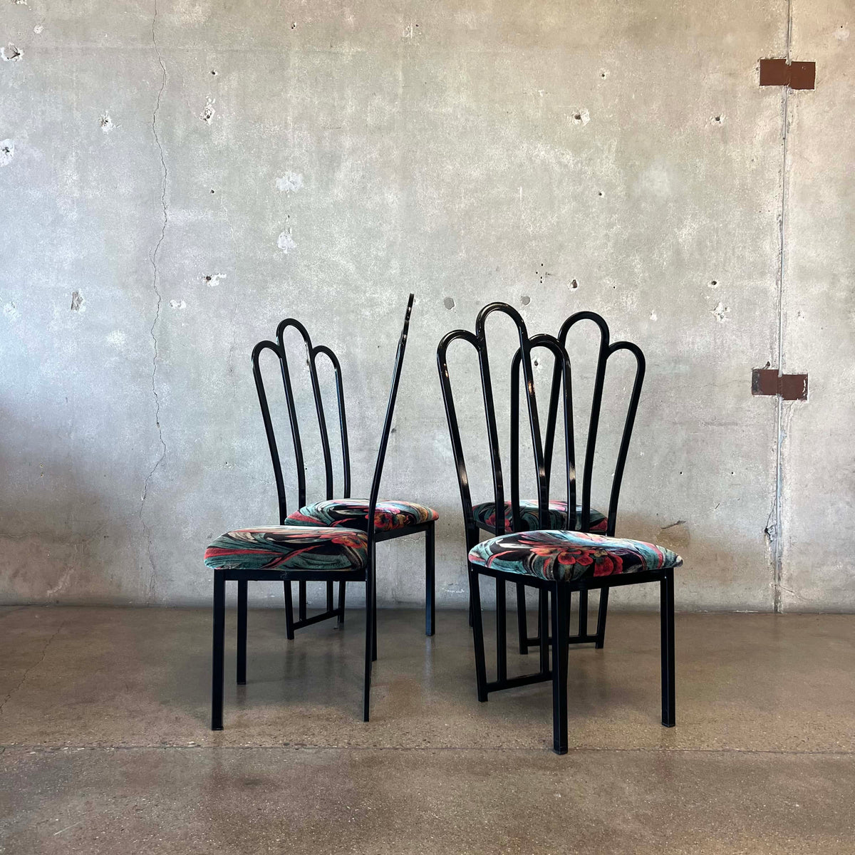 4 Vintage Post Modern Black/Floral Print Dining Chairs