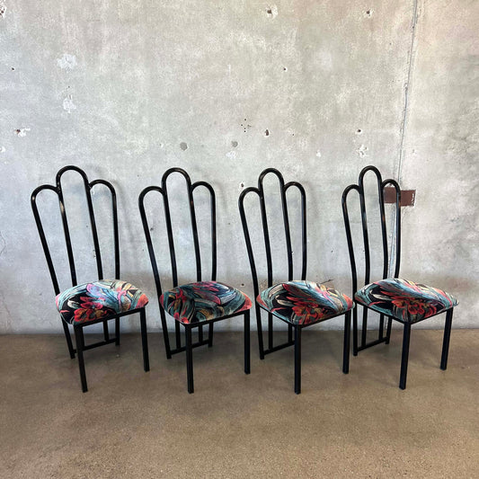 4 Vintage Post Modern Black/Floral Print Dining Chairs