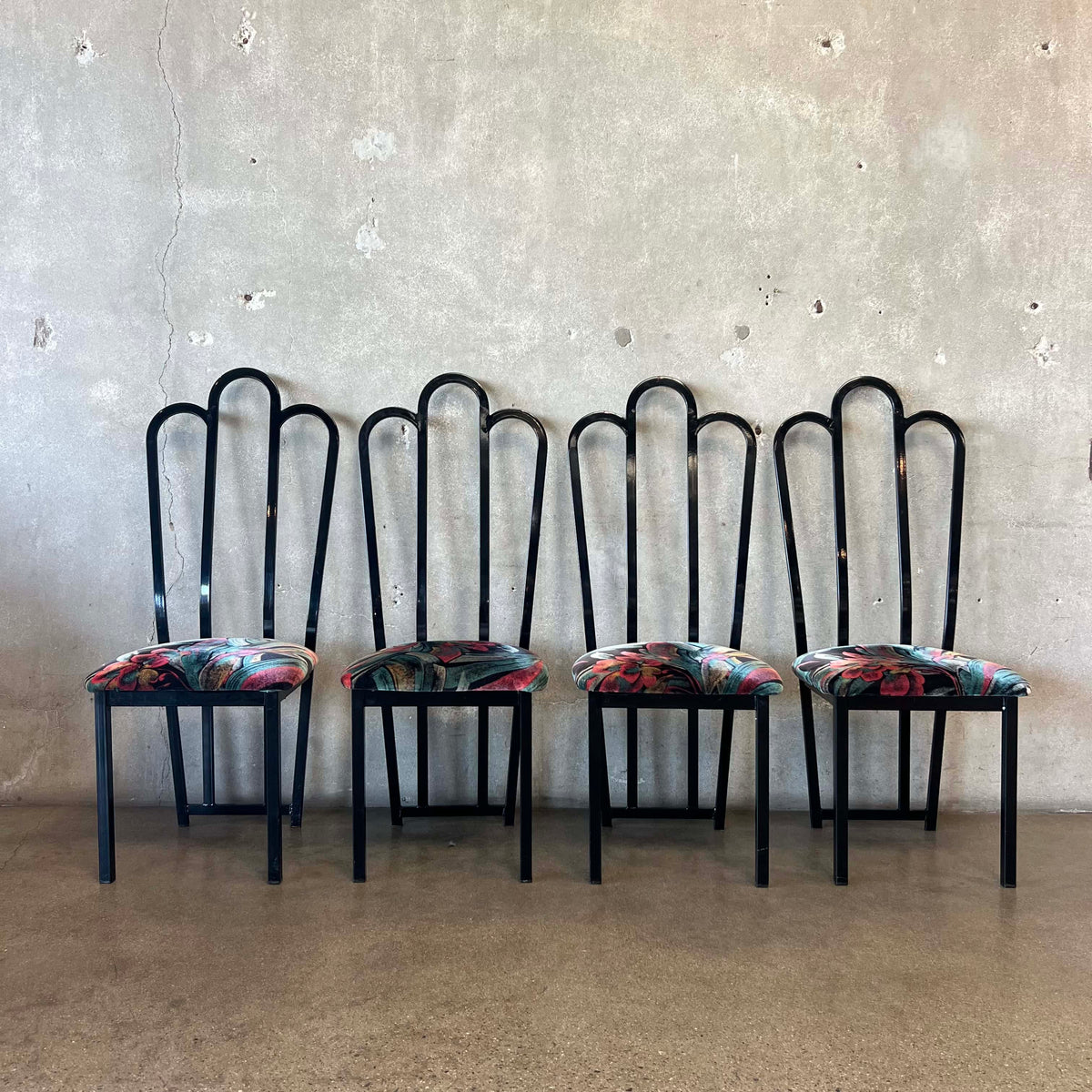 4 Vintage Post Modern Black/Floral Print Dining Chairs