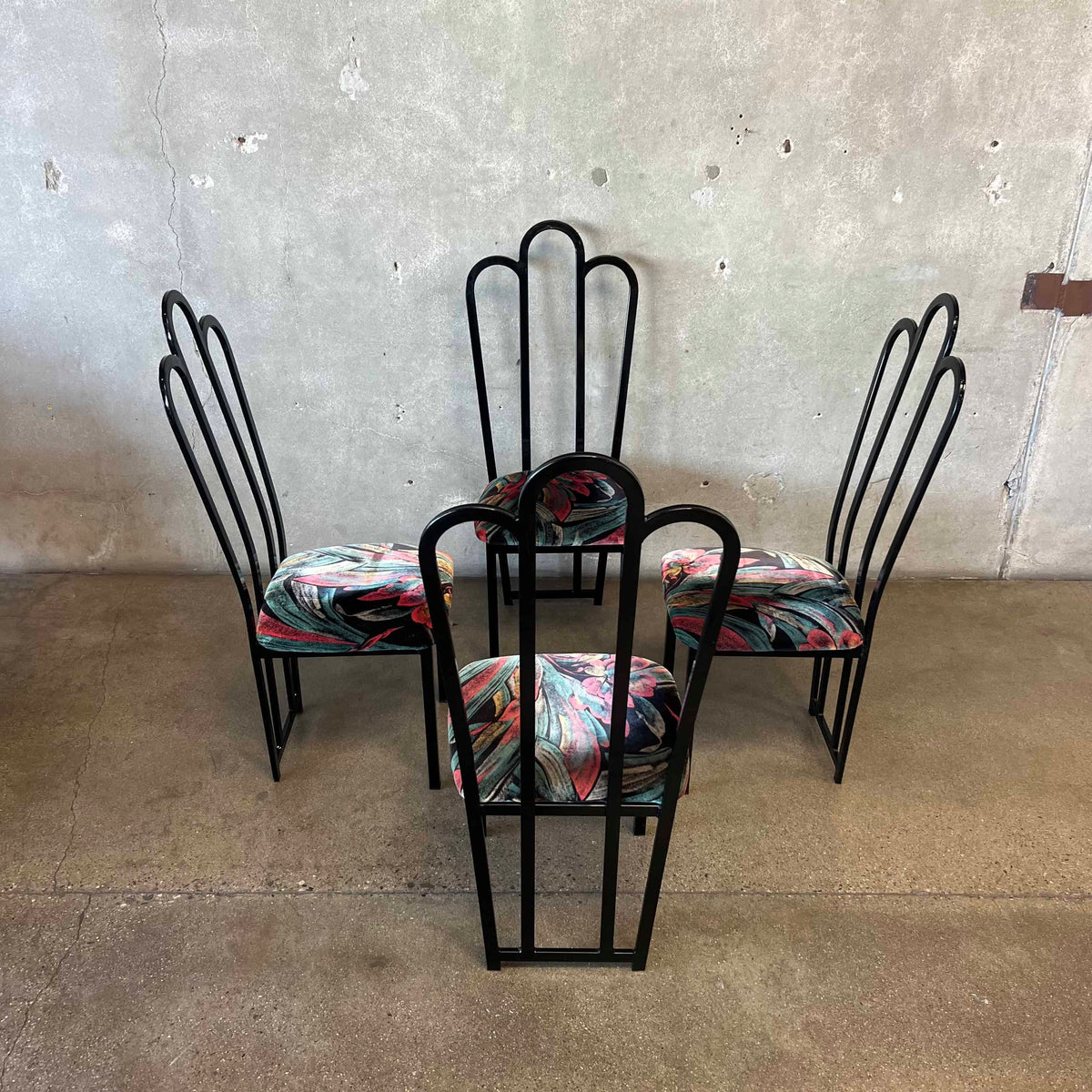 4 Vintage Post Modern Black/Floral Print Dining Chairs