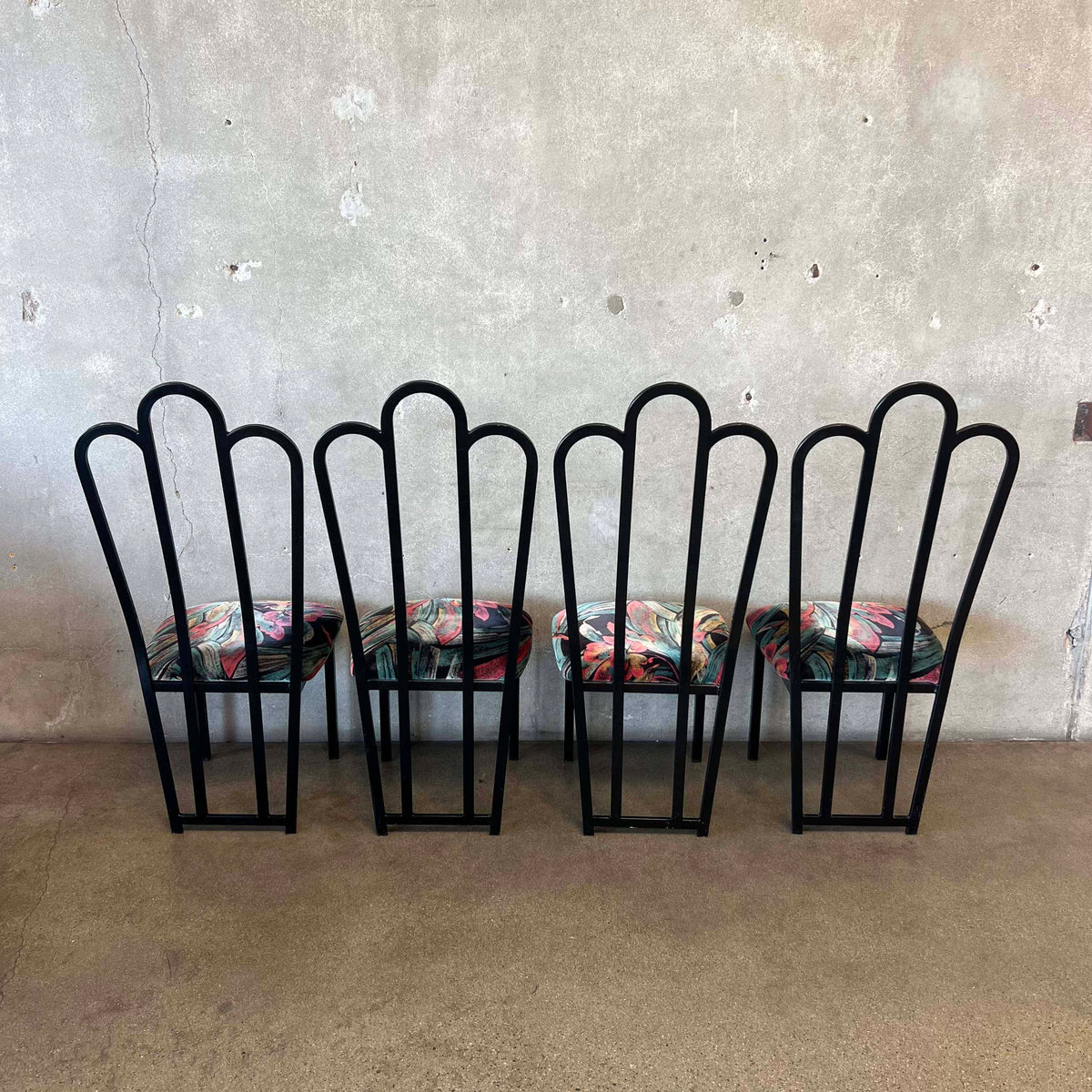 4 Vintage Post Modern Black/Floral Print Dining Chairs