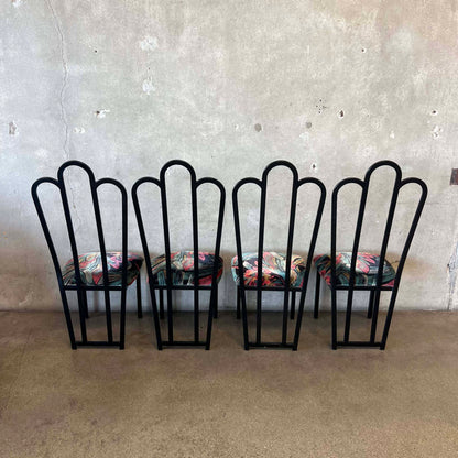 4 Vintage Post Modern Black/Floral Print Dining Chairs