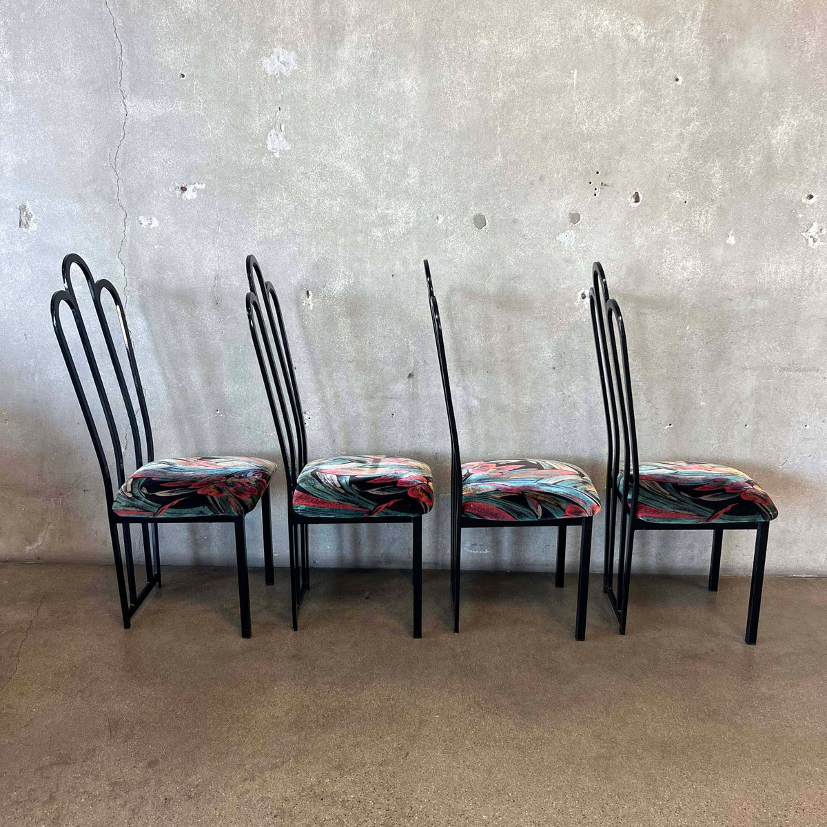 4 Vintage Post Modern Black/Floral Print Dining Chairs