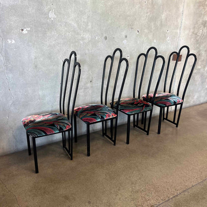 4 Vintage Post Modern Black/Floral Print Dining Chairs