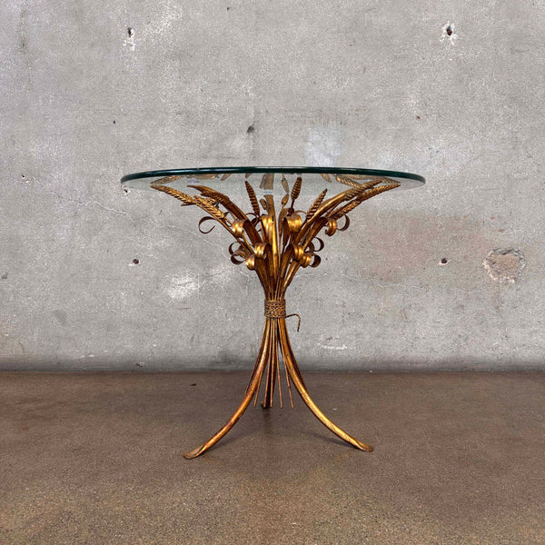 Vintage Hollywood Regency Tole Gilded Iron Base Table w/ Glass Top