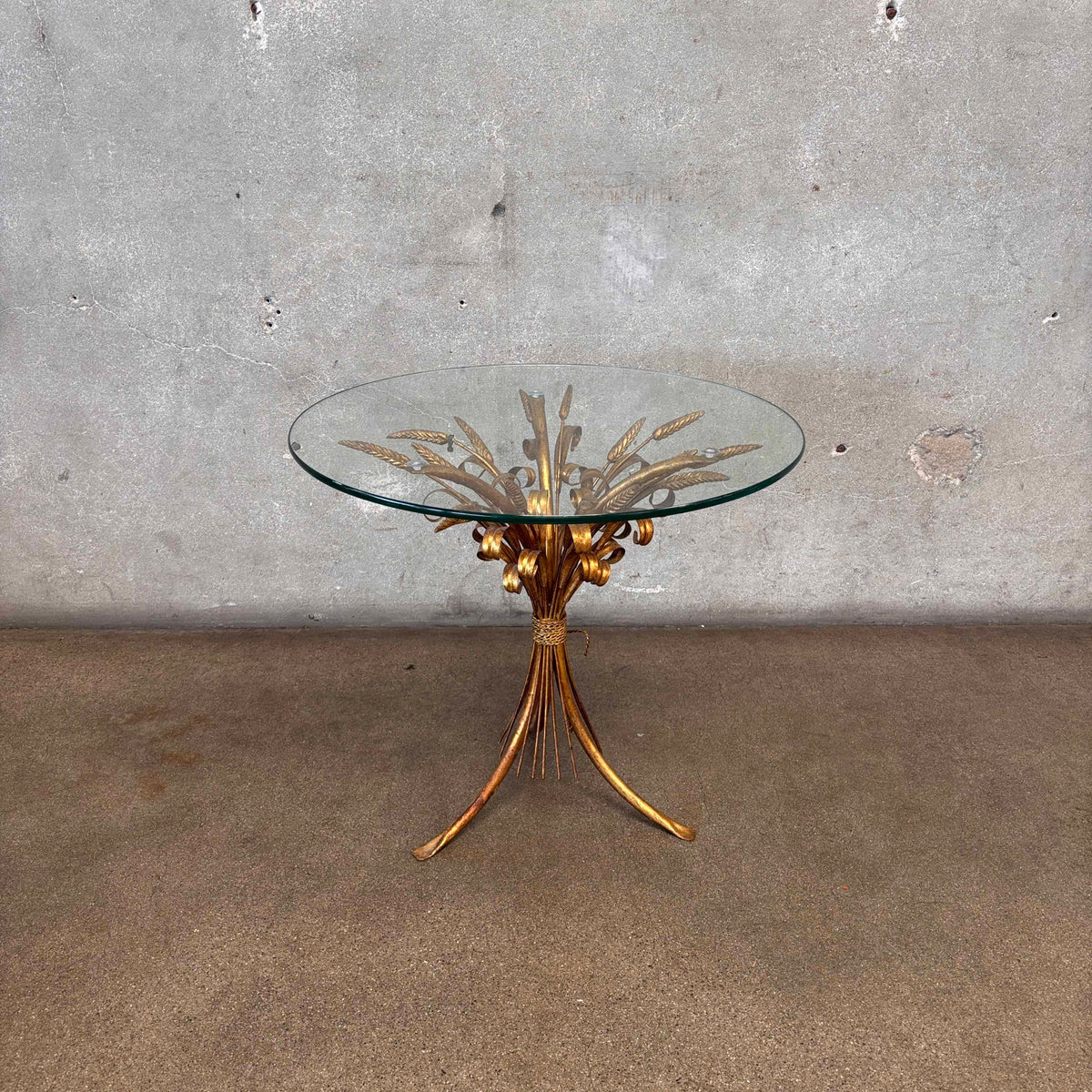 Vintage Italian Hollywood Regency Tole Gilded Iron Base Table w/ Glass Top
