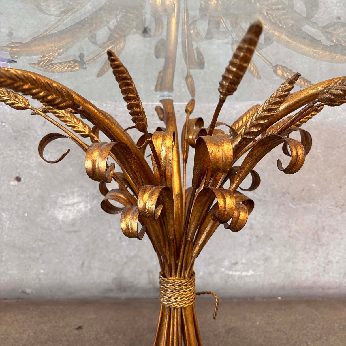 Vintage Italian Hollywood Regency Tole Gilded Iron Base Table w/ Glass Top
